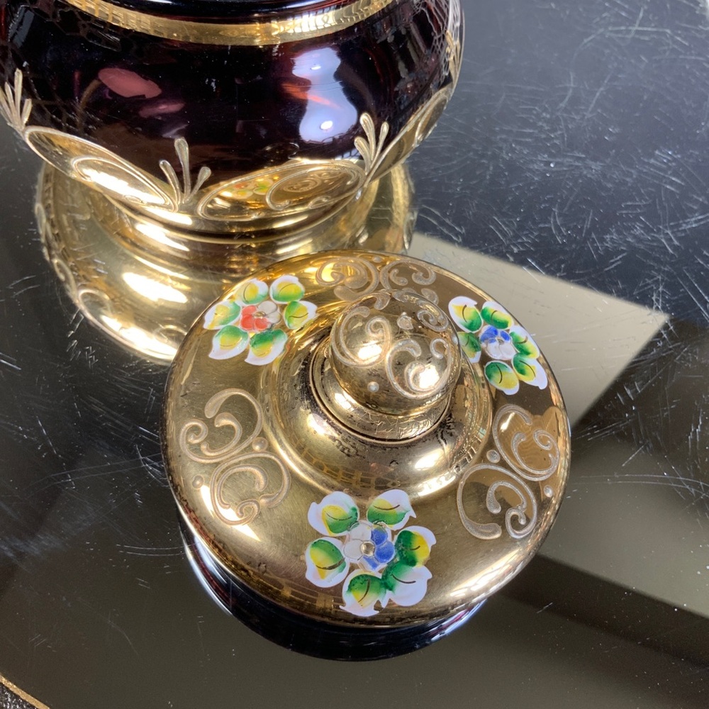 Czech Bohemian Powder Jar Purple Gold Gilt Art Glass Box Flowers Elegant #A23 - Picture 3 of 10